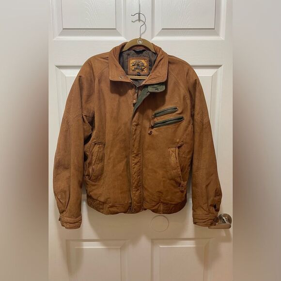 Phase 2 Mens Leather Jacket Full Zip Snapped Waistband Size L Reg Brown - Picture 1 of 10